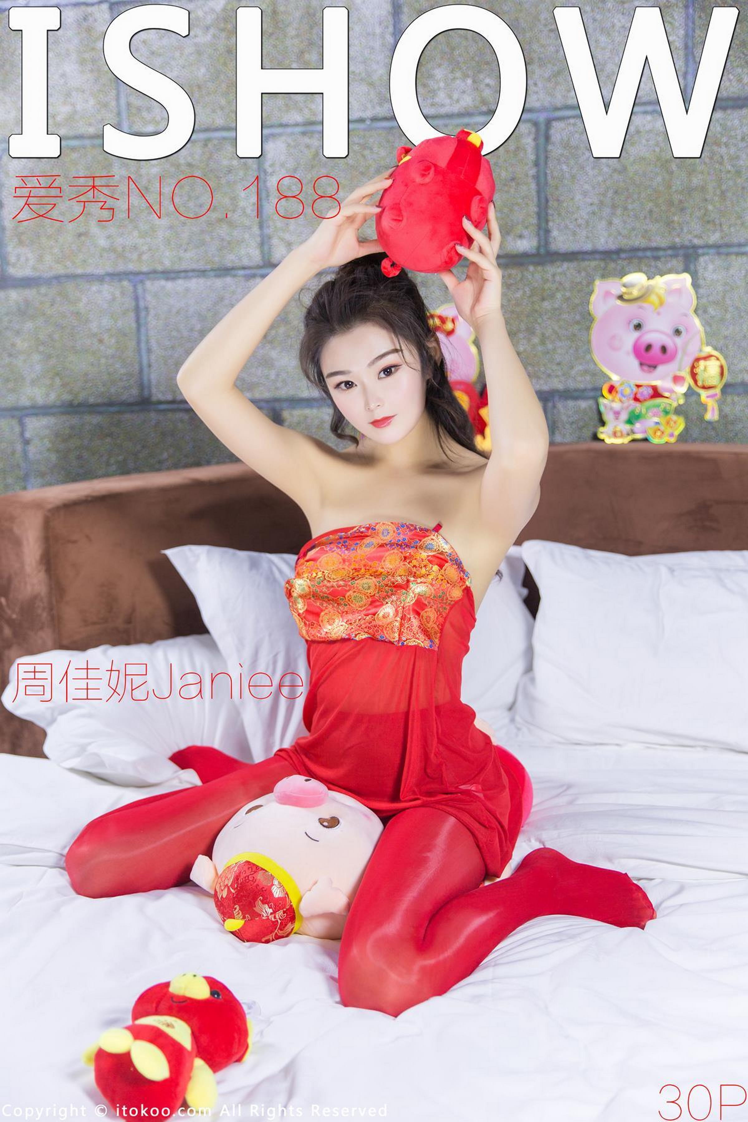 [ISHOW爱秀]NO.188 周佳妮Janiee 红色透视抹胸裙加红色丝袜美腿性感私房写真集第1张