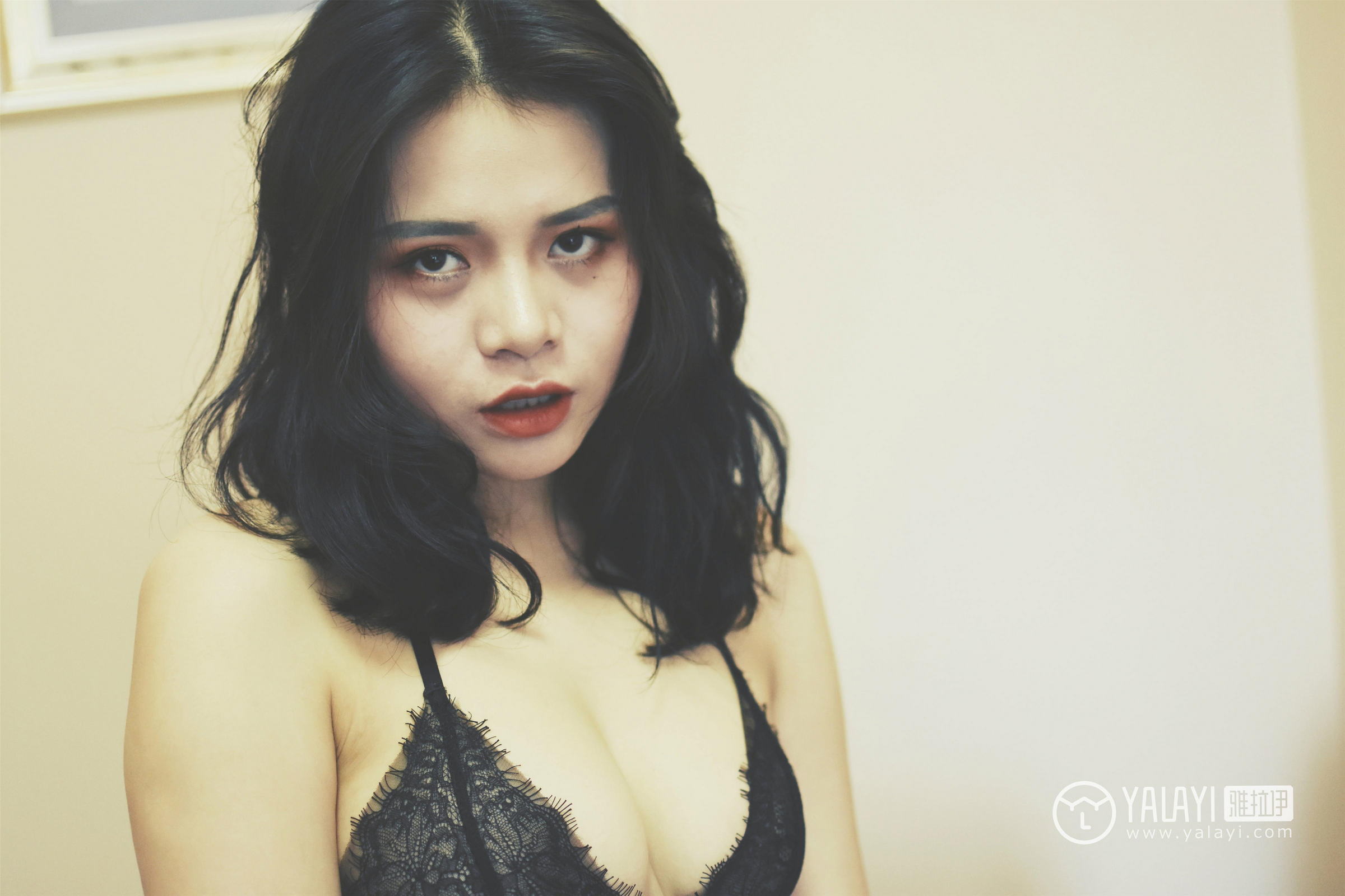 [YALAYI雅拉伊]NO.017 心蕊的蕾丝私房 米心蕊 黑色蕾丝内衣加黑色情趣渔网袜性感私房写真集第8张