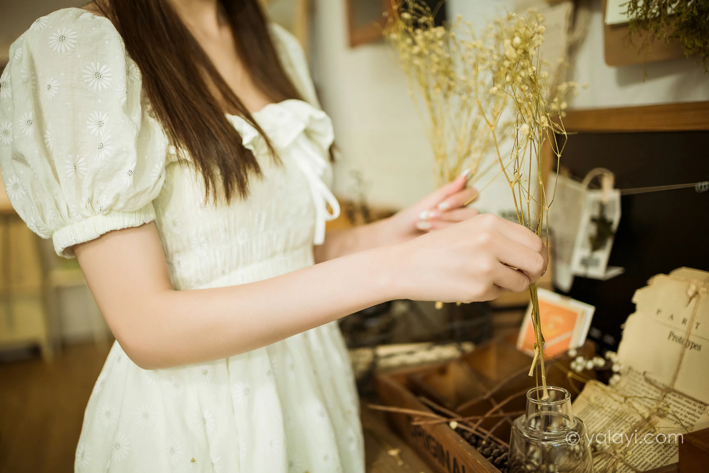 [YALAYI雅拉伊]NO.727 《甜美女友爱花艺》 小乔 白色裸背连衣裙居家写真第2张